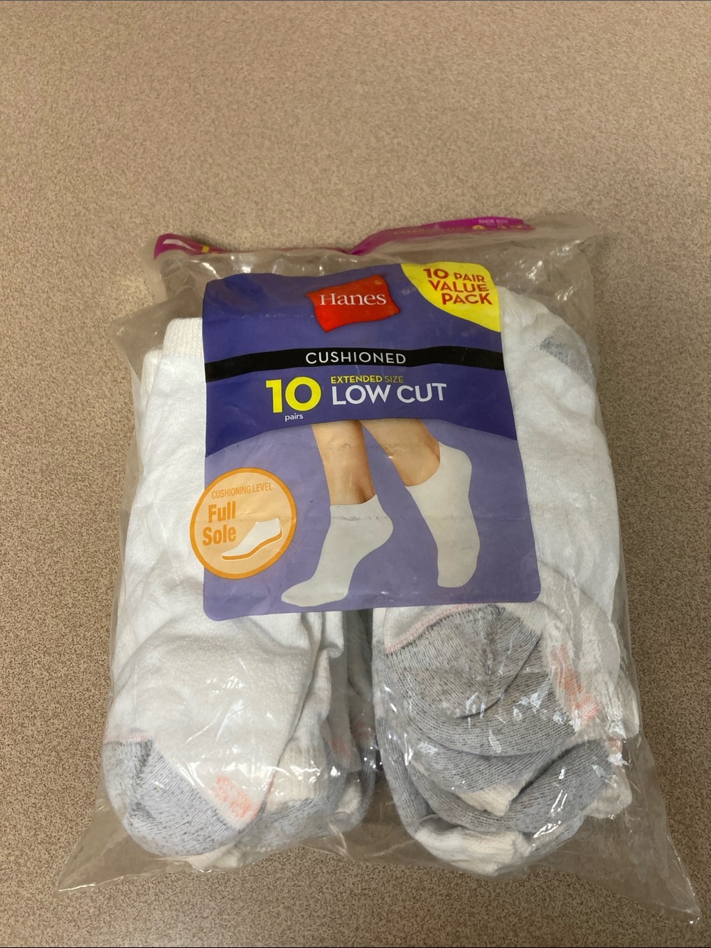 Hanes Low Cut Cushioned Socks - White with Gray and Pink Accents (10 Pack)
